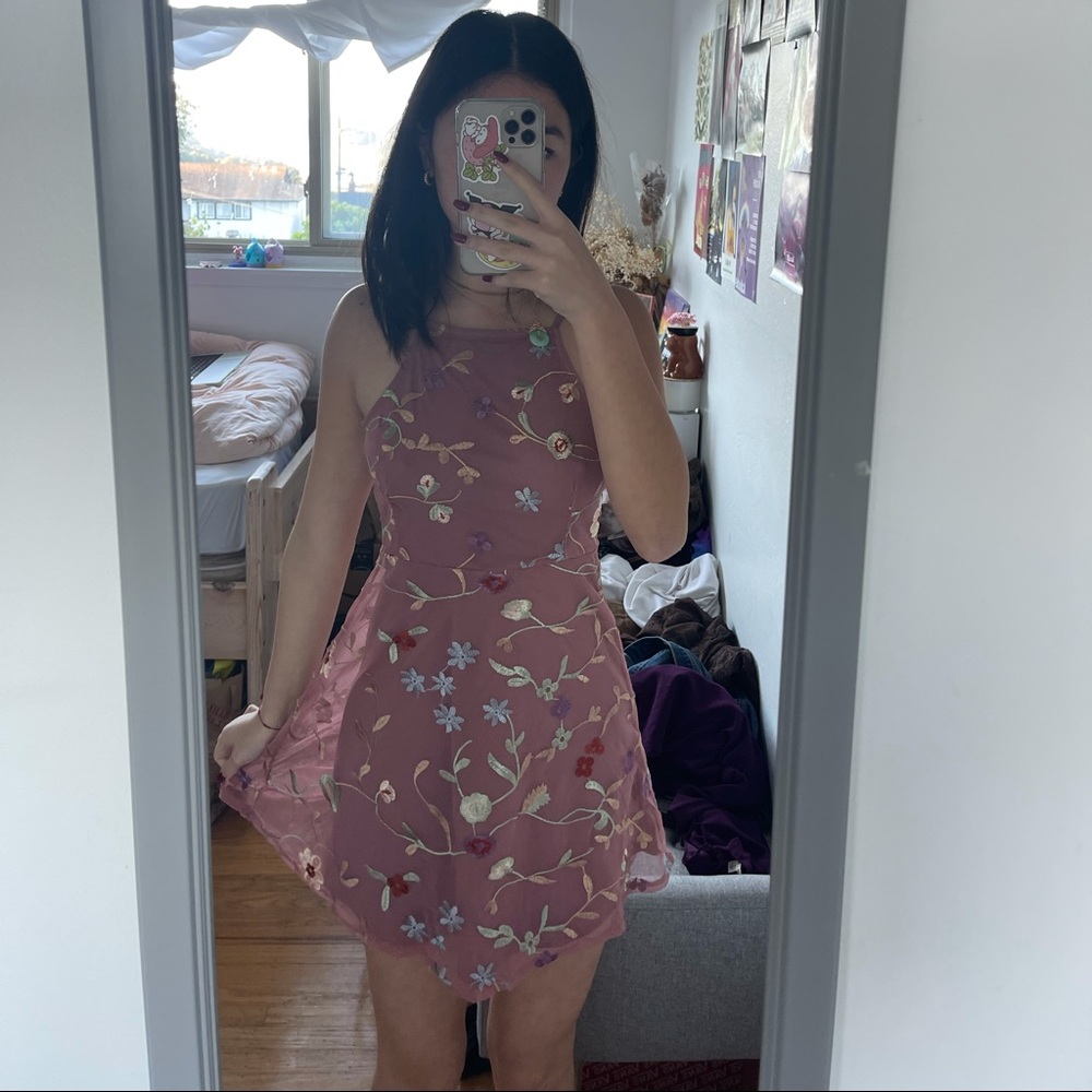 mauve pink floral embroidered mini dress
